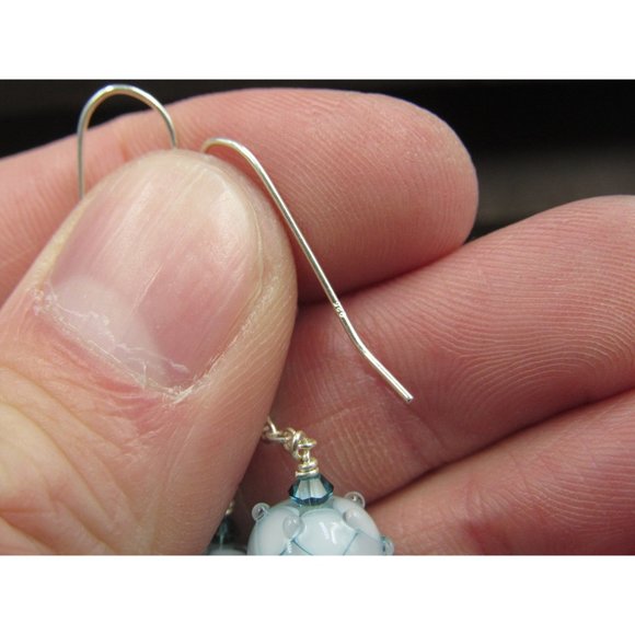 Sterling Silver Long Light Blue Glass Ball Dangle Earrings - Picture 3 of 5